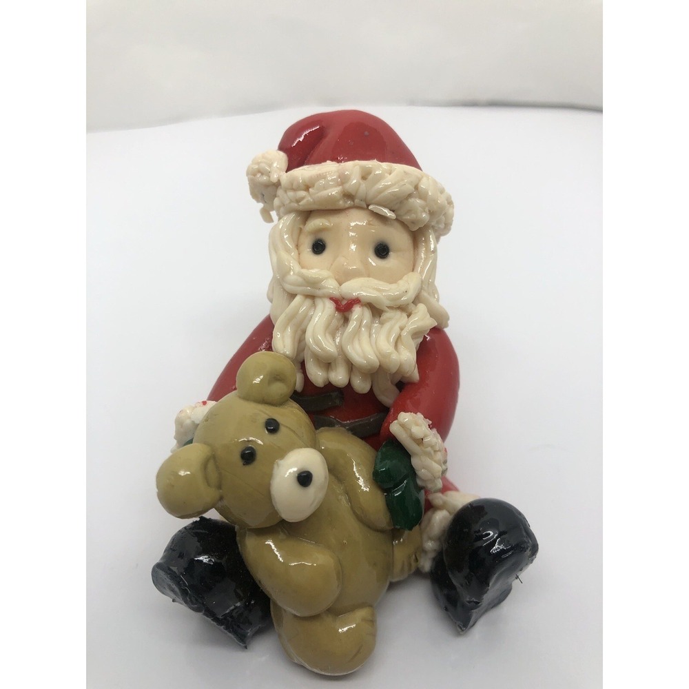 Handmade Clay‎ Santa Claus with Teddy Bear 3" Christmas Decor Figurine Holiday